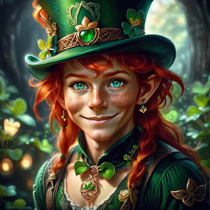 00221-2636937543-leprechaun, freckles, red hair, beautiful eyes, leprechaun top hat, wearing a shamrock necklace, celtic background, shy smile.jpg